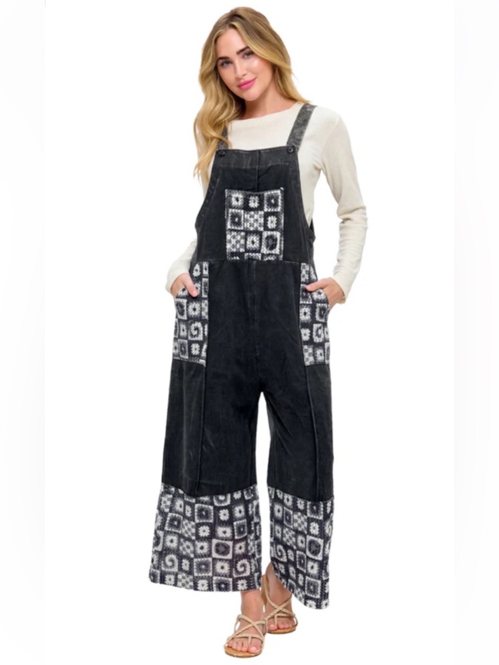 A Girl Thing Black and White Patchwork Corduroy Overalls Jumpsuit